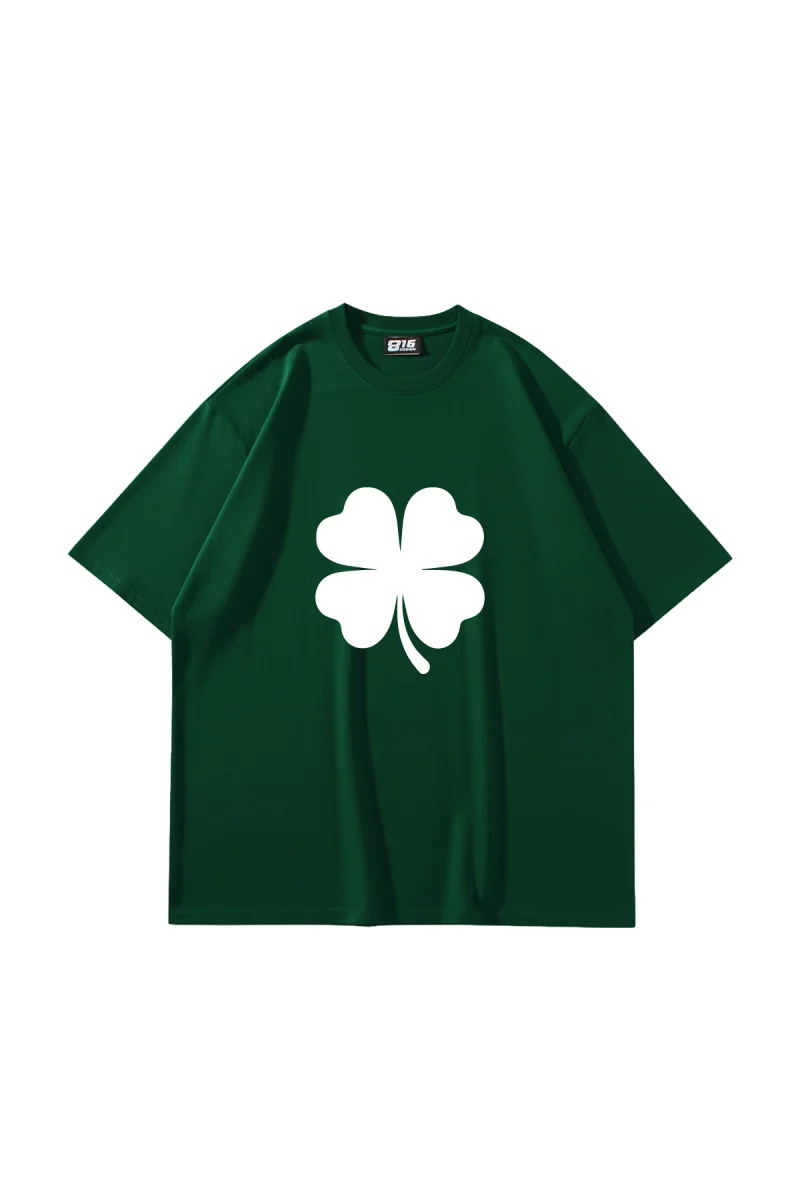 Clover Baskılı Oversize Unisex Yeşil Tshirt