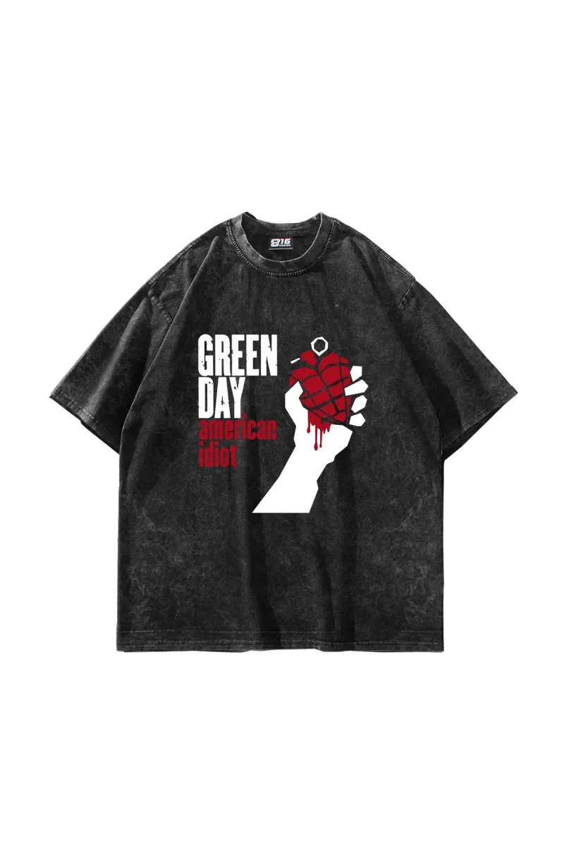 Green Day Baskılı Oversize Unisex Yıkamalı Siyah Tshirt