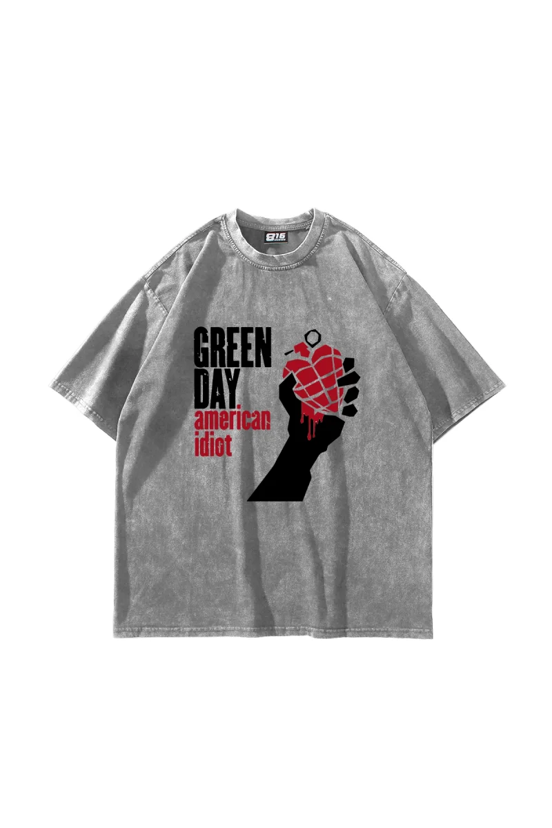 Green Day Baskılı Oversize Unisex Yıkamalı Beyaz Tshirt