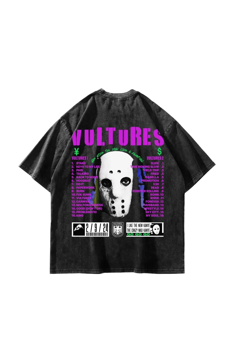 Vultures Baskılı Oversize Unisex Yıkamalı Siyah Tshirt
