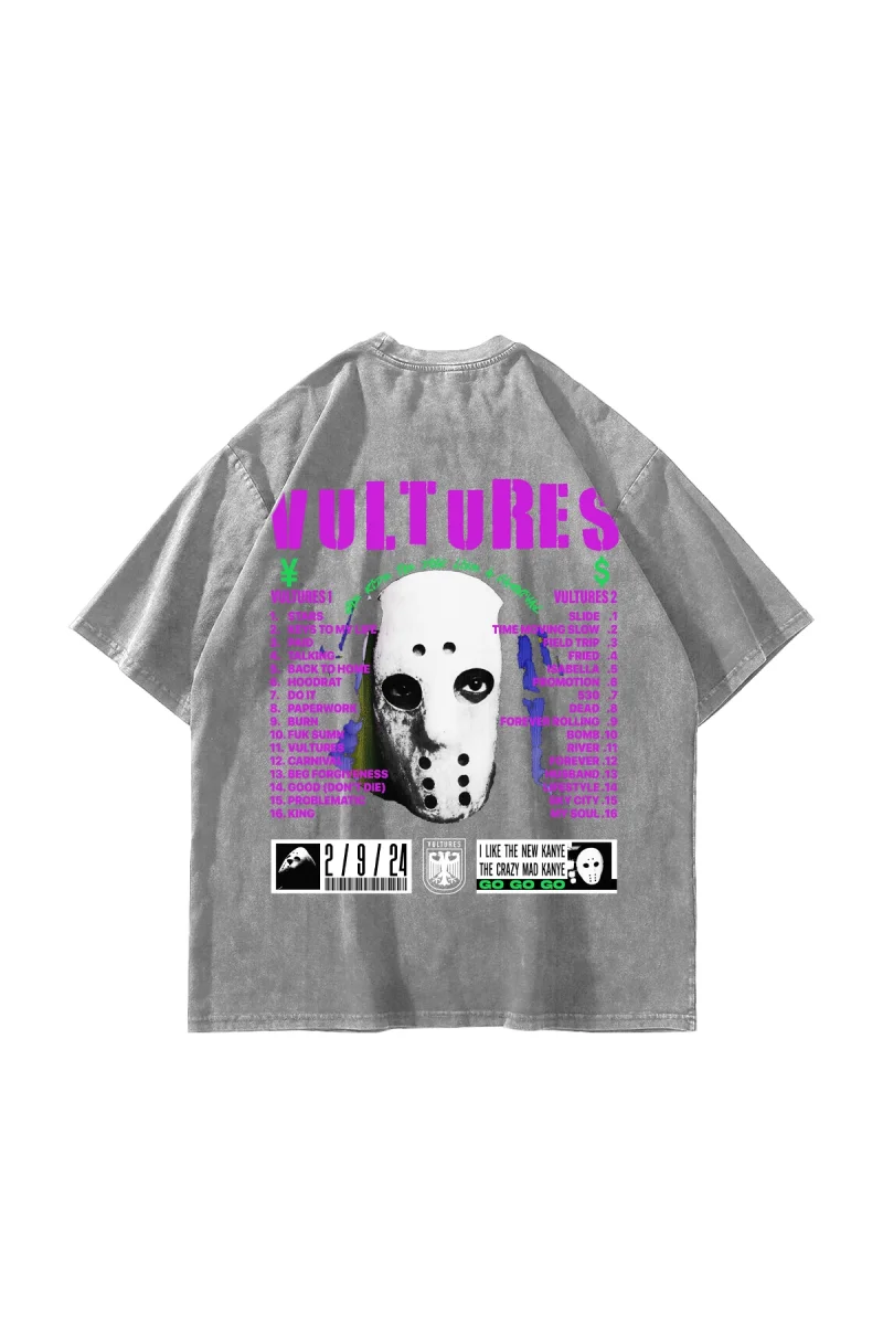 Vultures Baskılı Oversize Unisex Yıkamalı Beyaz Tshirt