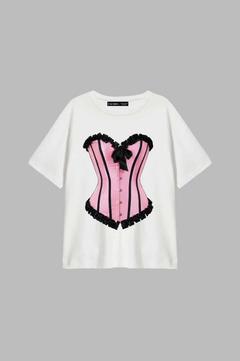 Baby Pink Baskılı Relaxed Fit Beyaz Kadın Tshirt