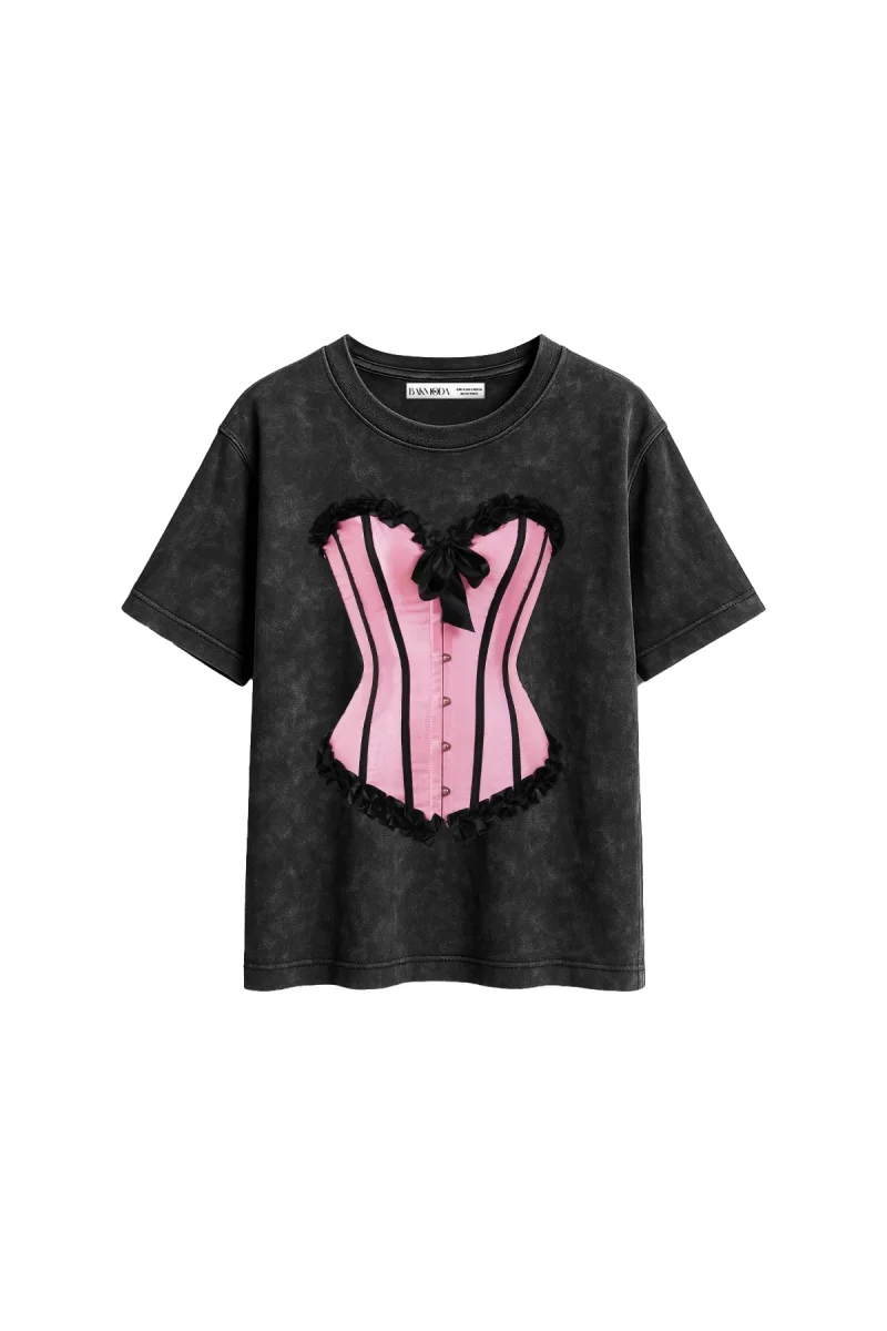 Baby Pink Baskılı Relaxed Fit Yıkamalı Siyah Kadın Tshirt