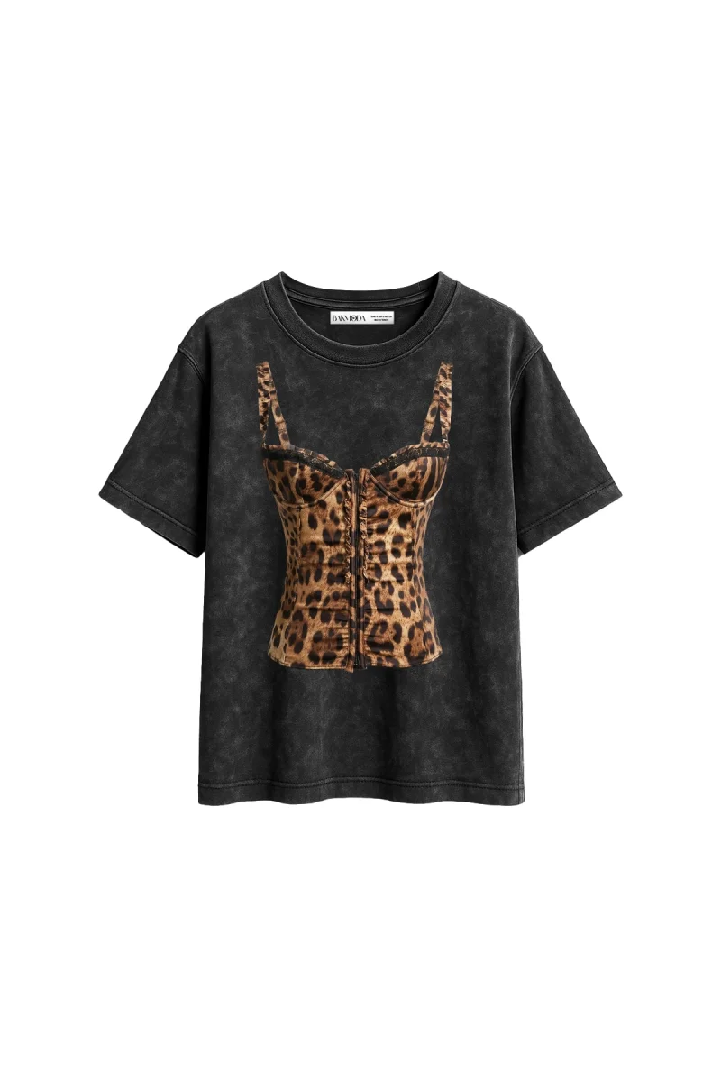 Leo Top Baskılı Relaxed Fit Yıkamalı Siyah Kadın Tshirt