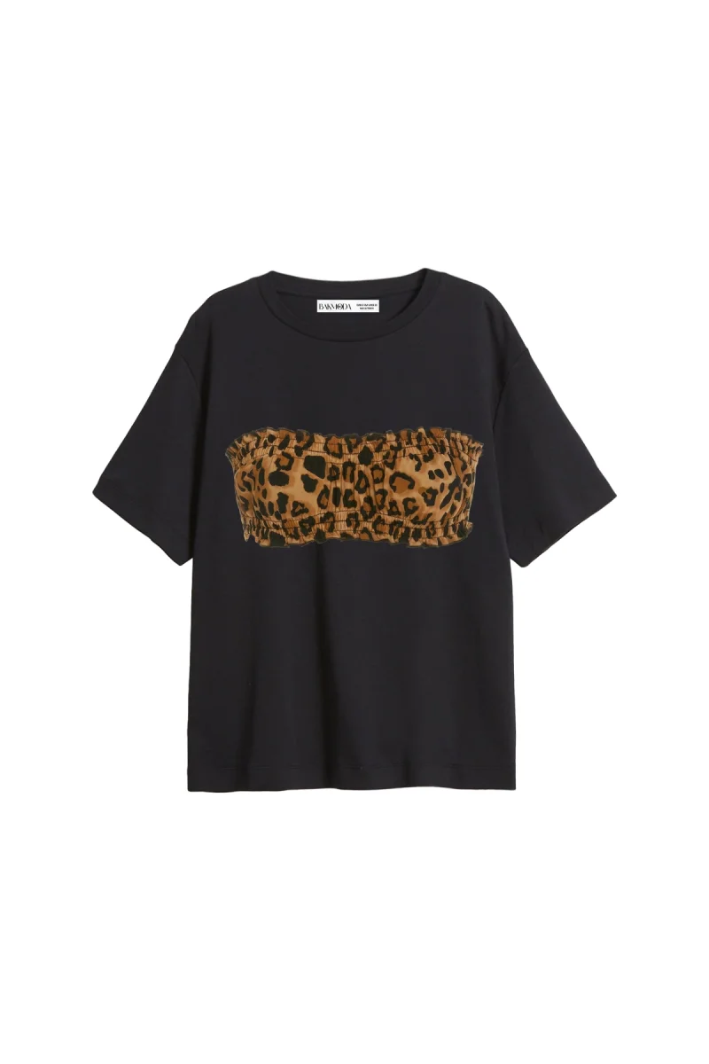Leopar Top Baskılı Relaxed Fit Siyah Kadın Tshirt