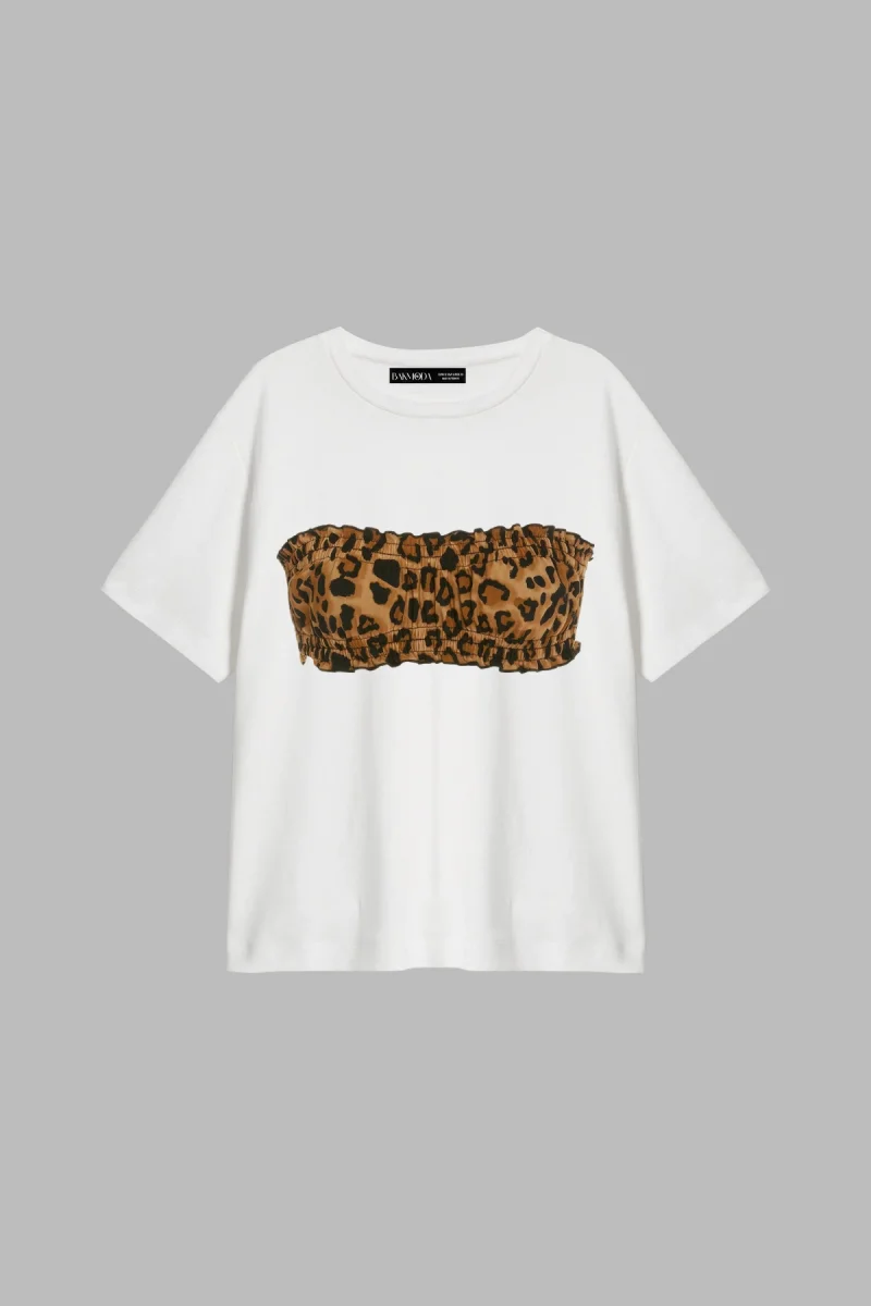 Leopar Top Baskılı Relaxed Fit Beyaz Kadın Tshirt