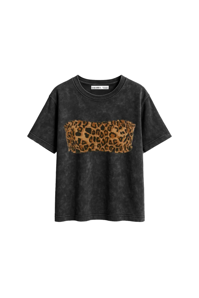 Leopar Top Baskılı Relaxed Fit Yıkamalı Siyah Kadın Tshirt
