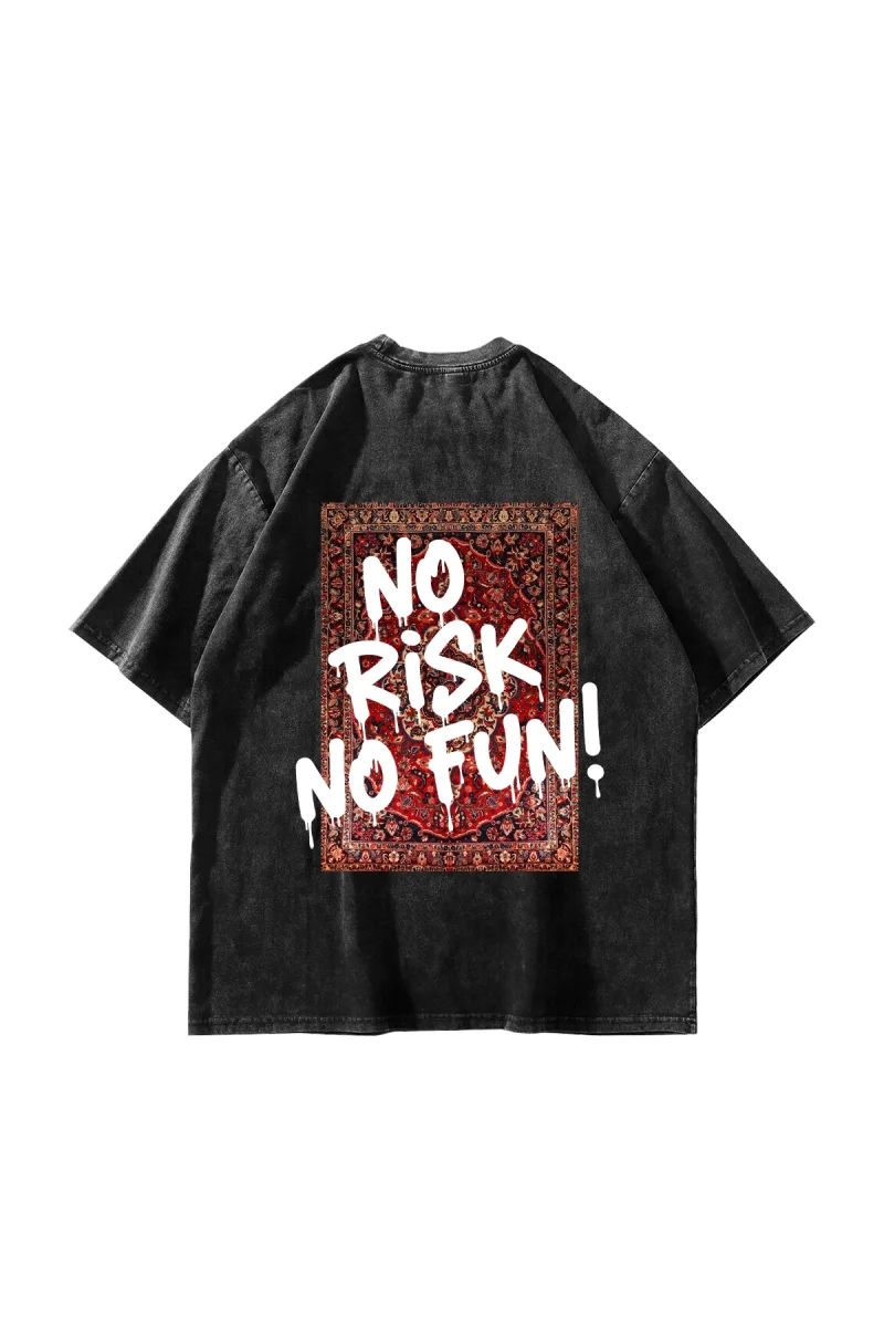 No Risk No Fun Baskılı Oversize Unisex Yıkamalı Siyah Tshirt