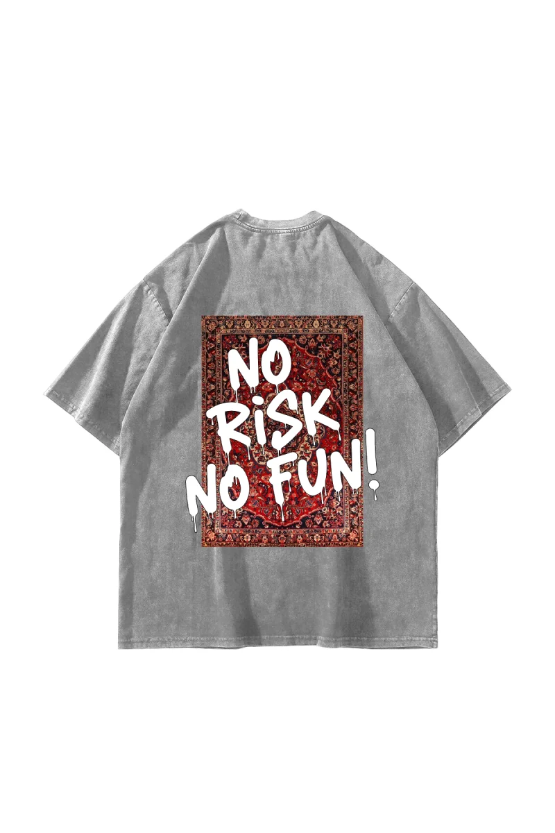 No Risk No Fun Baskılı Oversize Unisex Yıkamalı Beyaz Tshirt
