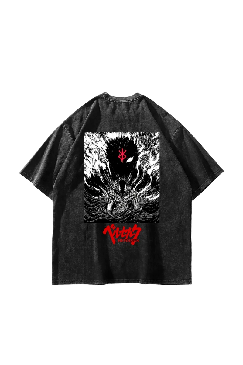 Berserk Manga Baskılı Oversize Unisex Yıkamalı Siyah Tshirt