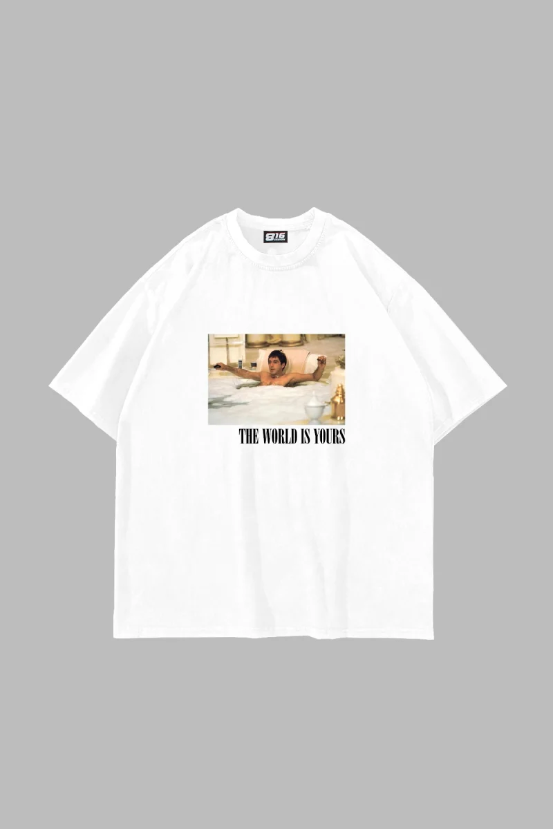 World Is Yours Baskılı Oversize Unisex Beyaz Tshirt