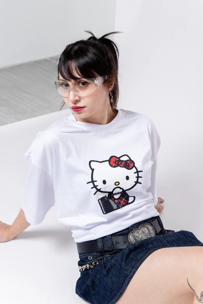 Punk H. Kitty Baskılı Oversize Unisex Beyaz Tshirt