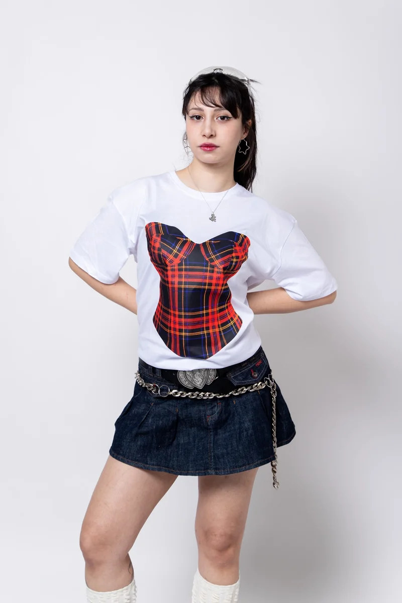 Ekose Baskılı Relaxed Fit Beyaz Kadın Tshirt