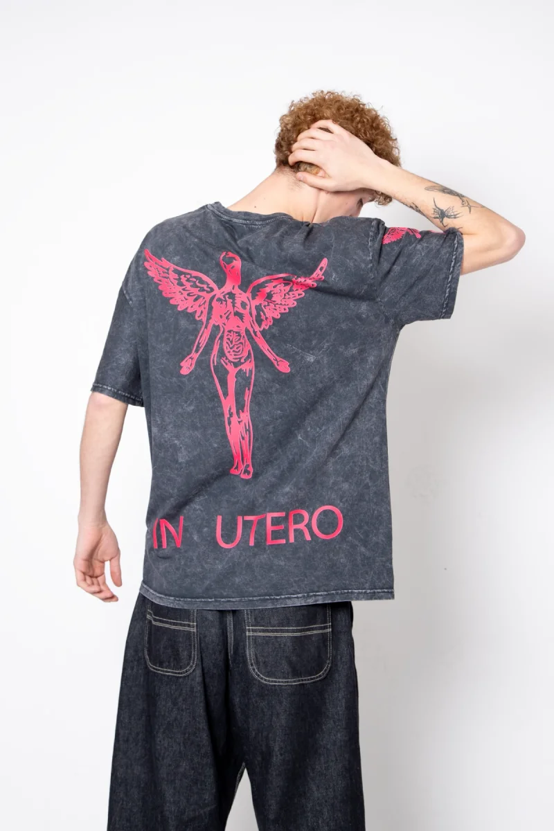 Nirvana In Utero Pembe Baskılı Oversize Unisex Yıkamalı Siyah Tshirt