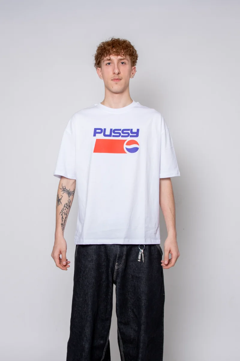 Pussy Baskılı Oversize Unisex Beyaz Tshirt