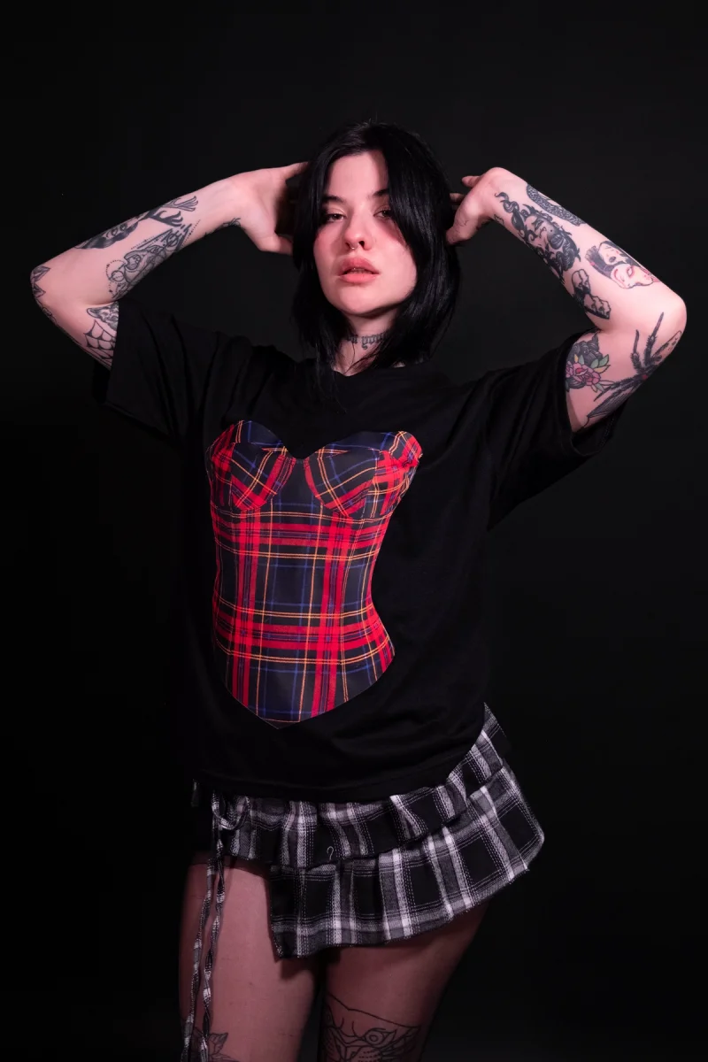 Ekose Baskılı Relaxed Fit Siyah Kadın Tshirt