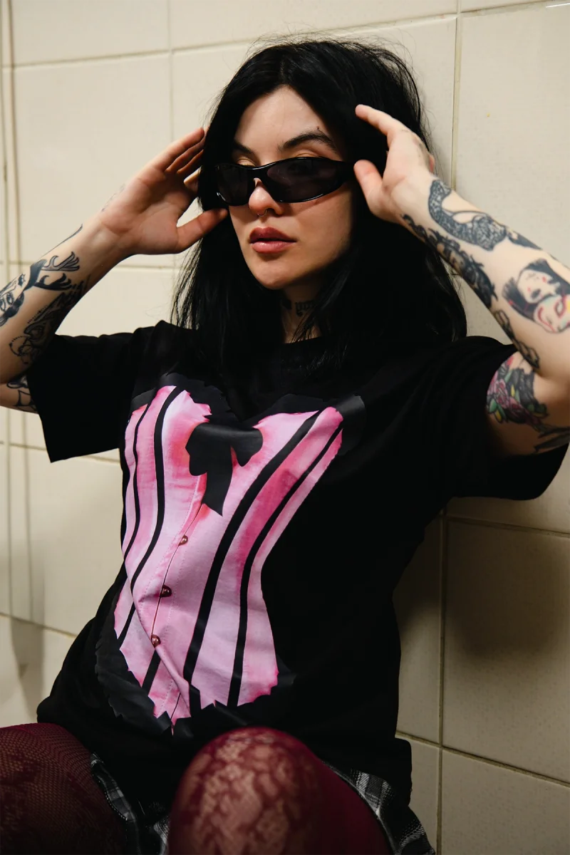 Baby Pink Baskılı Relaxed Fit Siyah Kadın Tshirt