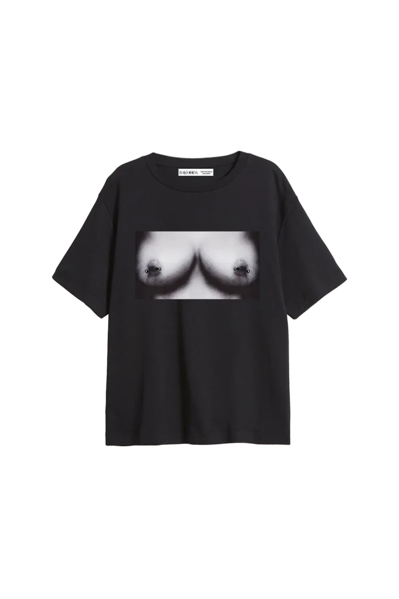 Piercing Boobs Baskılı Relaxed Fit Siyah Kadın Tshirt