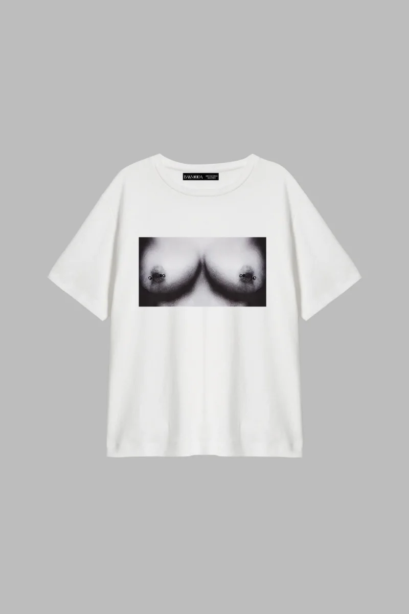 Piercing Boobs Baskılı Relaxed Fit Beyaz Kadın Tshirt
