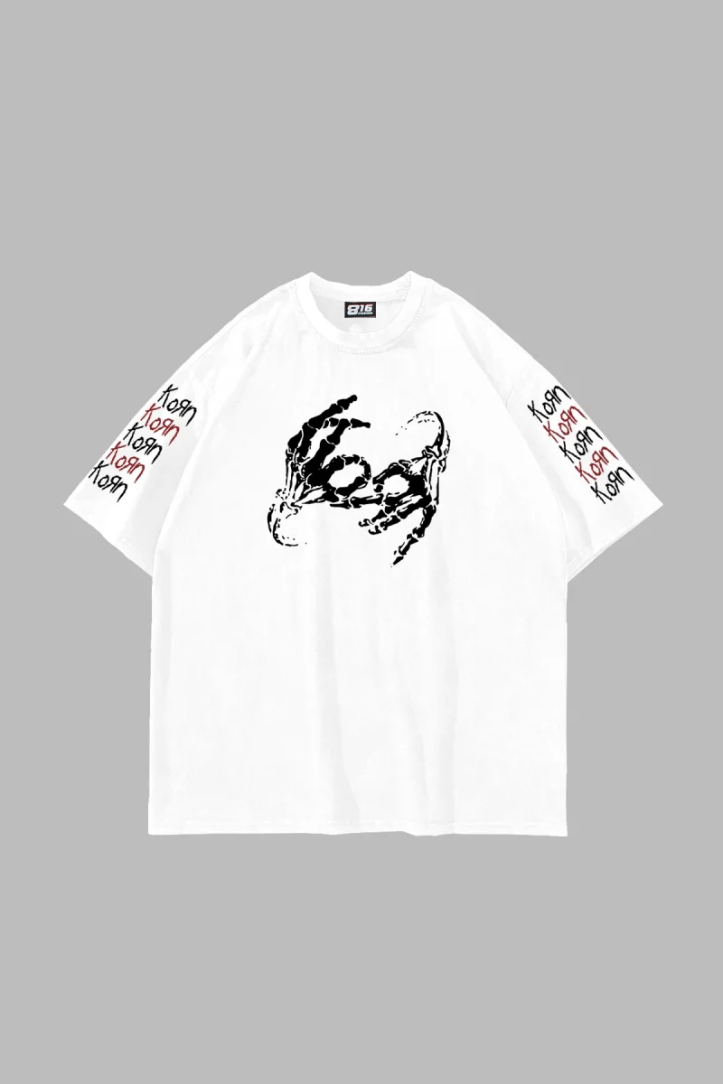 Korn Sırt Baskılı Oversize Unisex Beyaz Tshirt