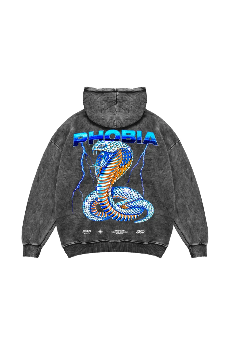 Yıkamalı Siyah Phobia Sırt Baskılı Unisex Oversize Hoodie