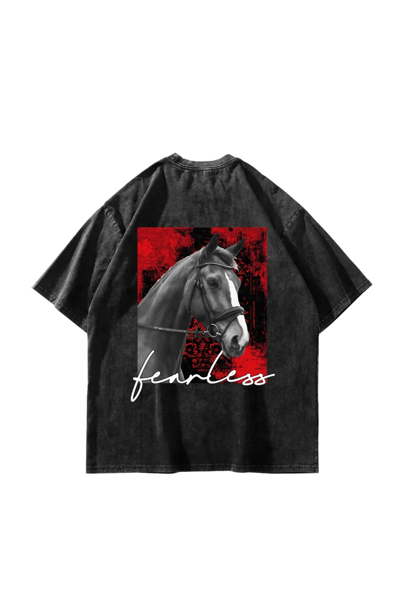 Fearless Baskılı Oversize Unisex Yıkamalı Siyah Tshirt