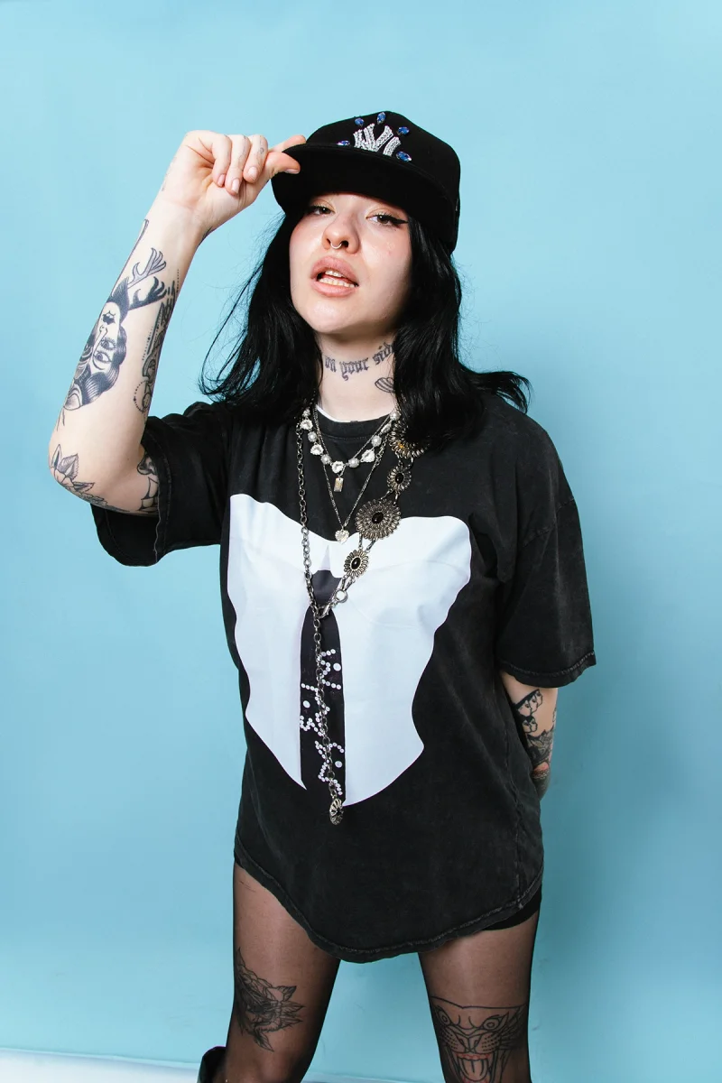 Suit Baskılı Relaxed Fit Yıkamalı Siyah Kadın Tshirt