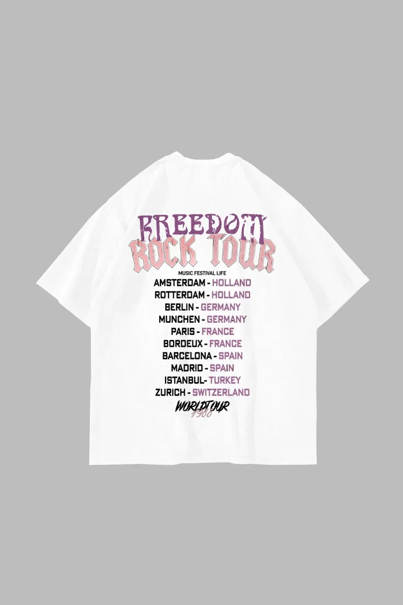 Freedom Rock Tour Baskılı Oversize Unisex Beyaz Tshirt