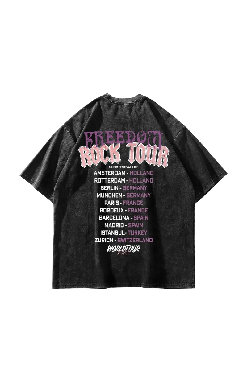 Freedom Rock Tour Baskılı Oversize Unisex Yıkamalı Siyah Tshirt