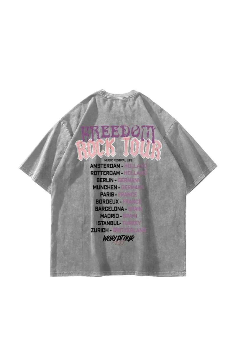 Freedom Rock Tour Baskılı Oversize Unisex Yıkamalı Beyaz Tshirt