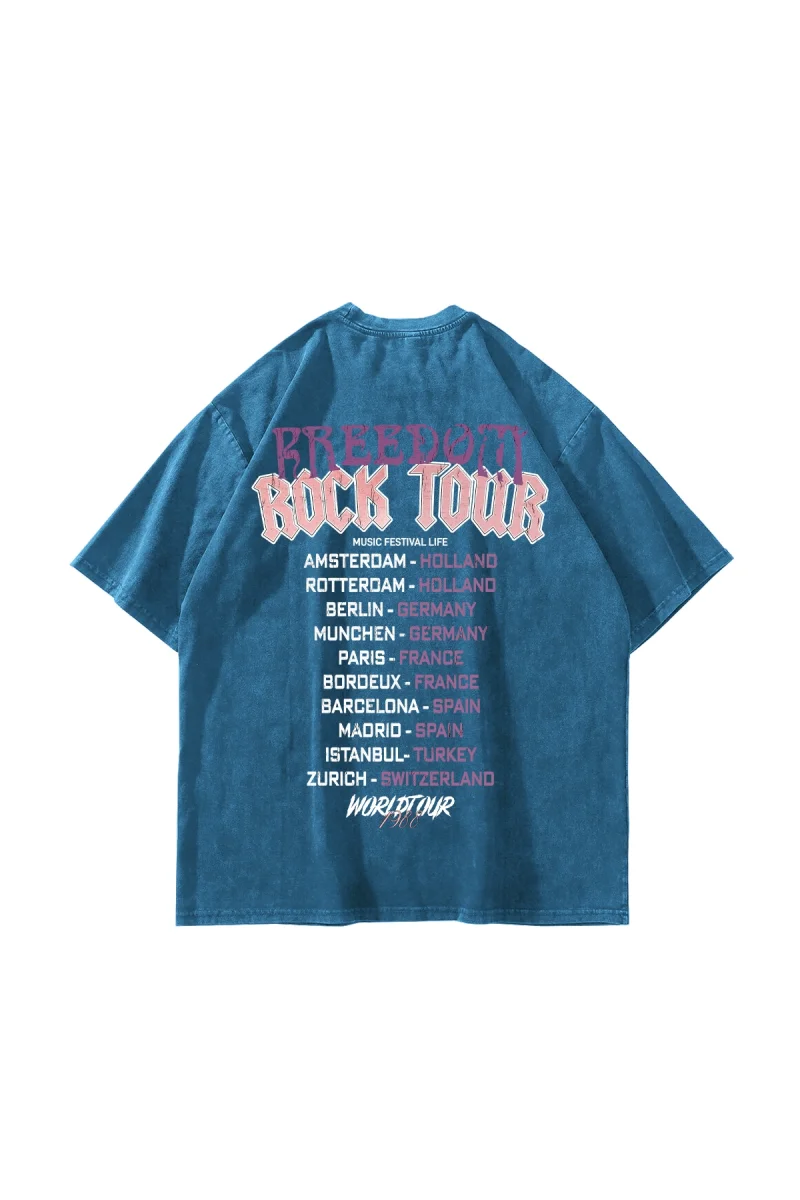 Freedom Rock Tour Baskılı Oversize Unisex Yıkamalı Mavi Tshirt