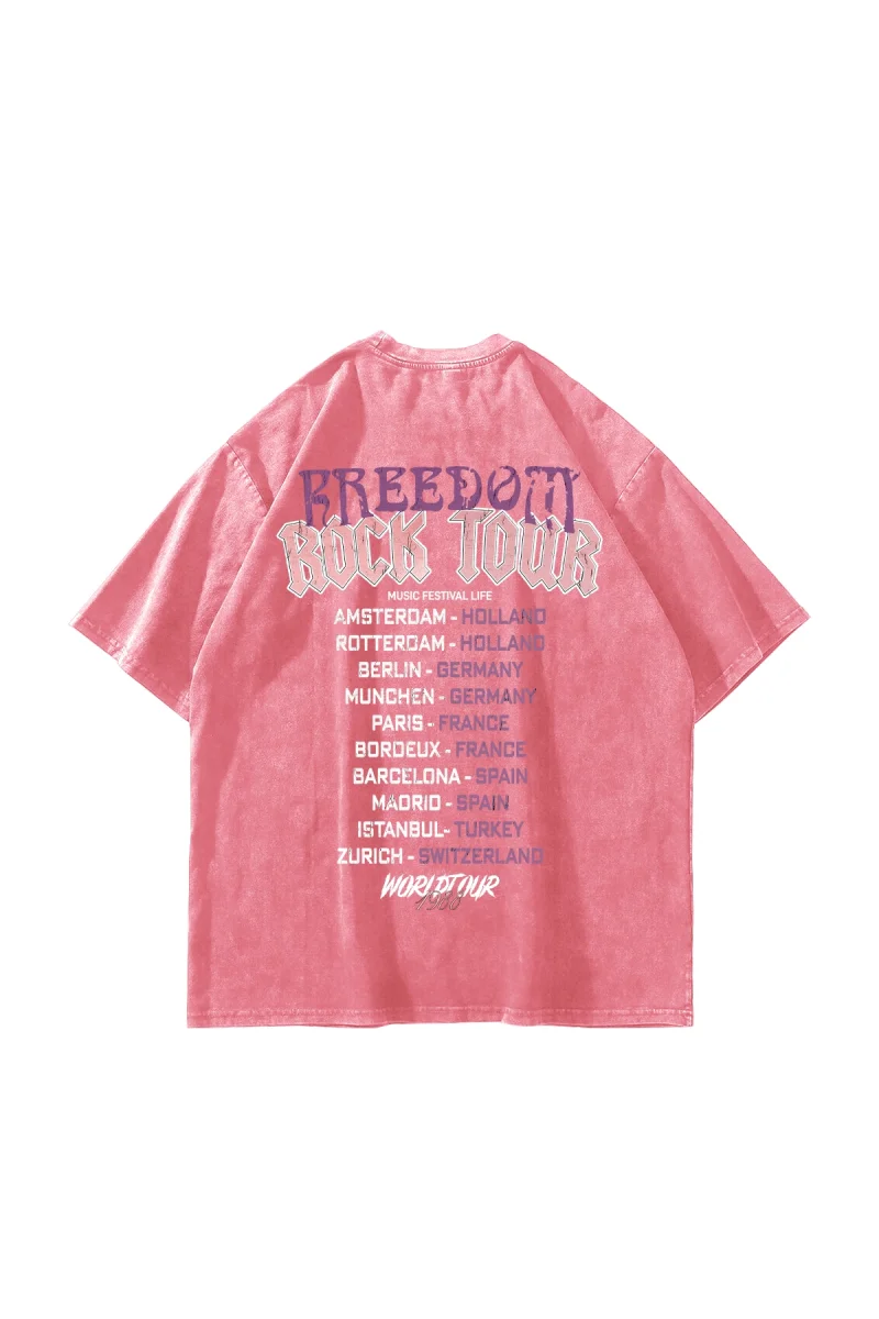 Freedom Rock Tour Baskılı Oversize Unisex Yıkamalı Pembe Tshirt