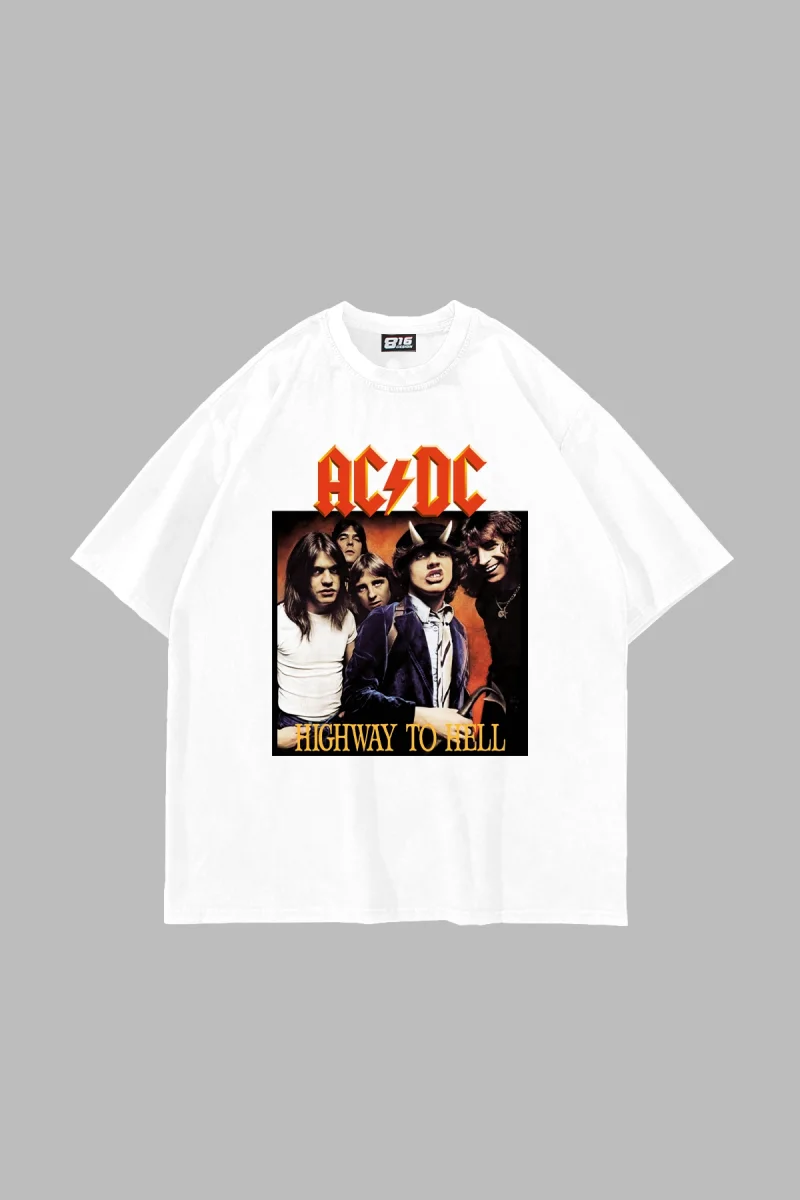 AC/DC Baskılı Oversize Unisex Beyaz Tshirt