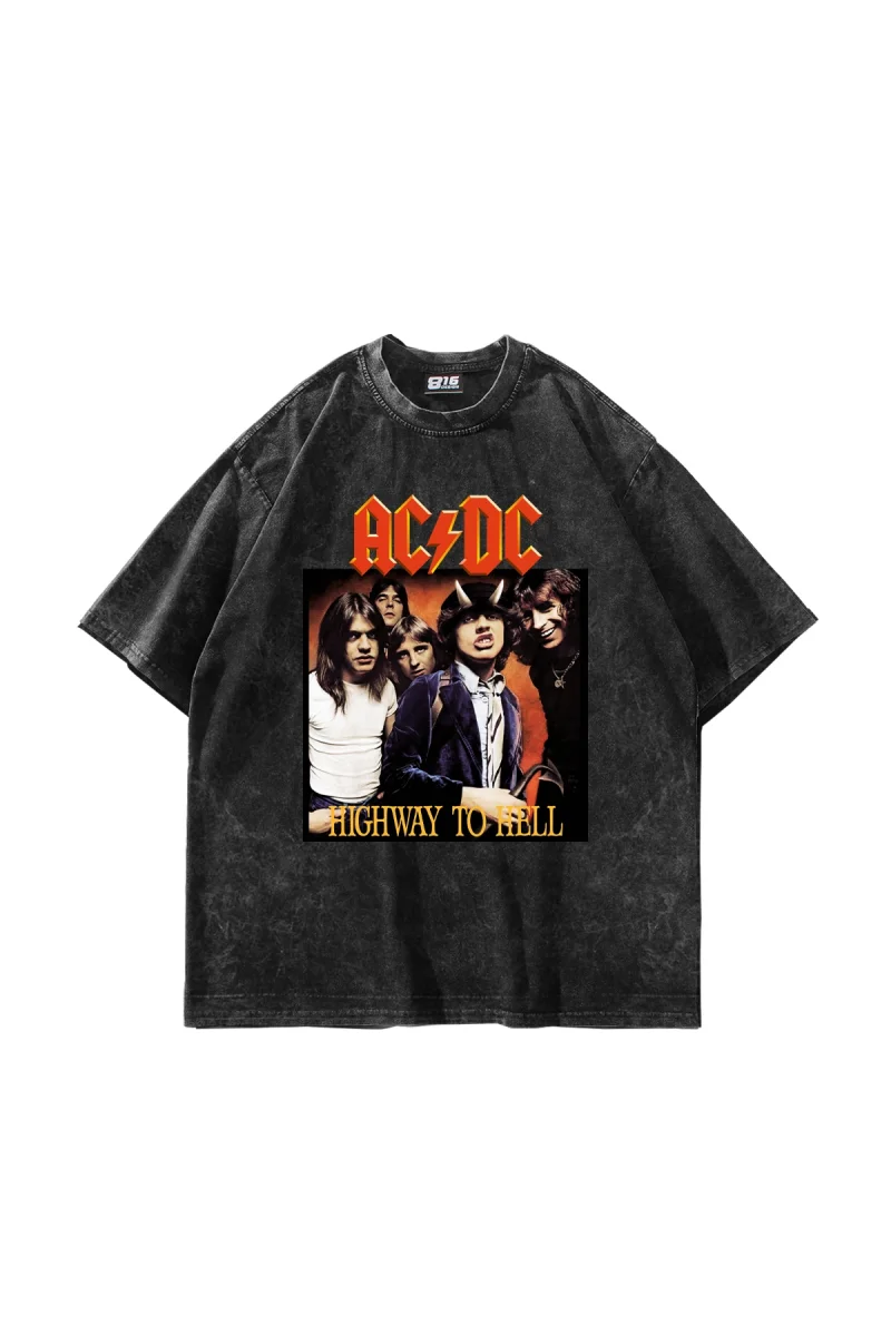AC/DC Baskılı Oversize Unisex Yıkamalı Siyah Tshirt
