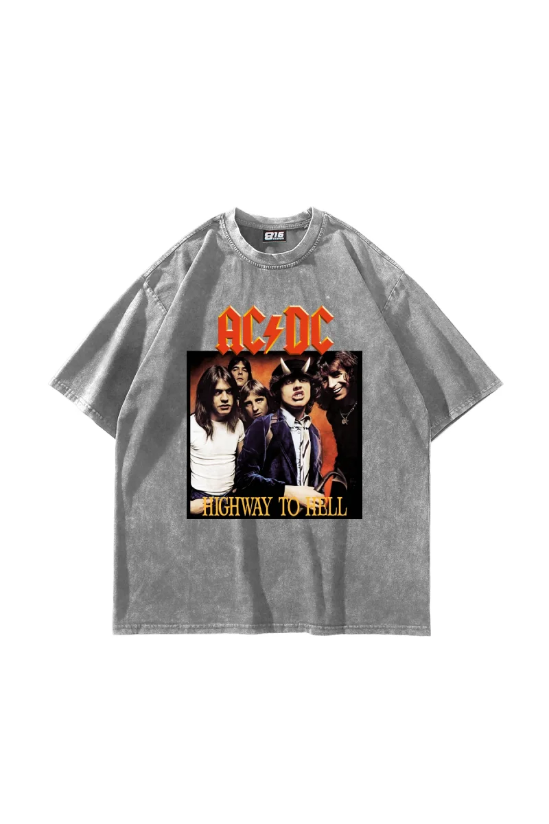 AC/DC Baskılı Oversize Unisex Yıkamalı Beyaz Tshirt