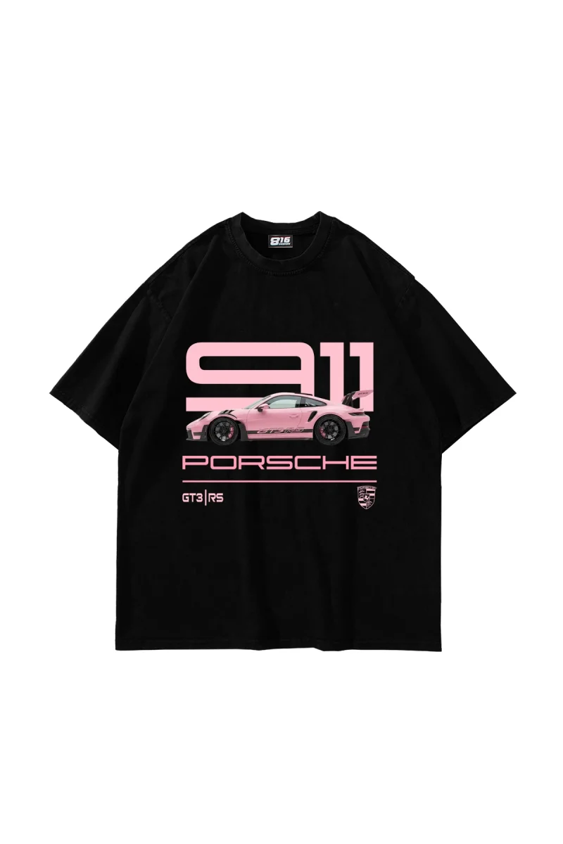 911 Pink Baskılı Oversize Unisex Siyah Tshirt