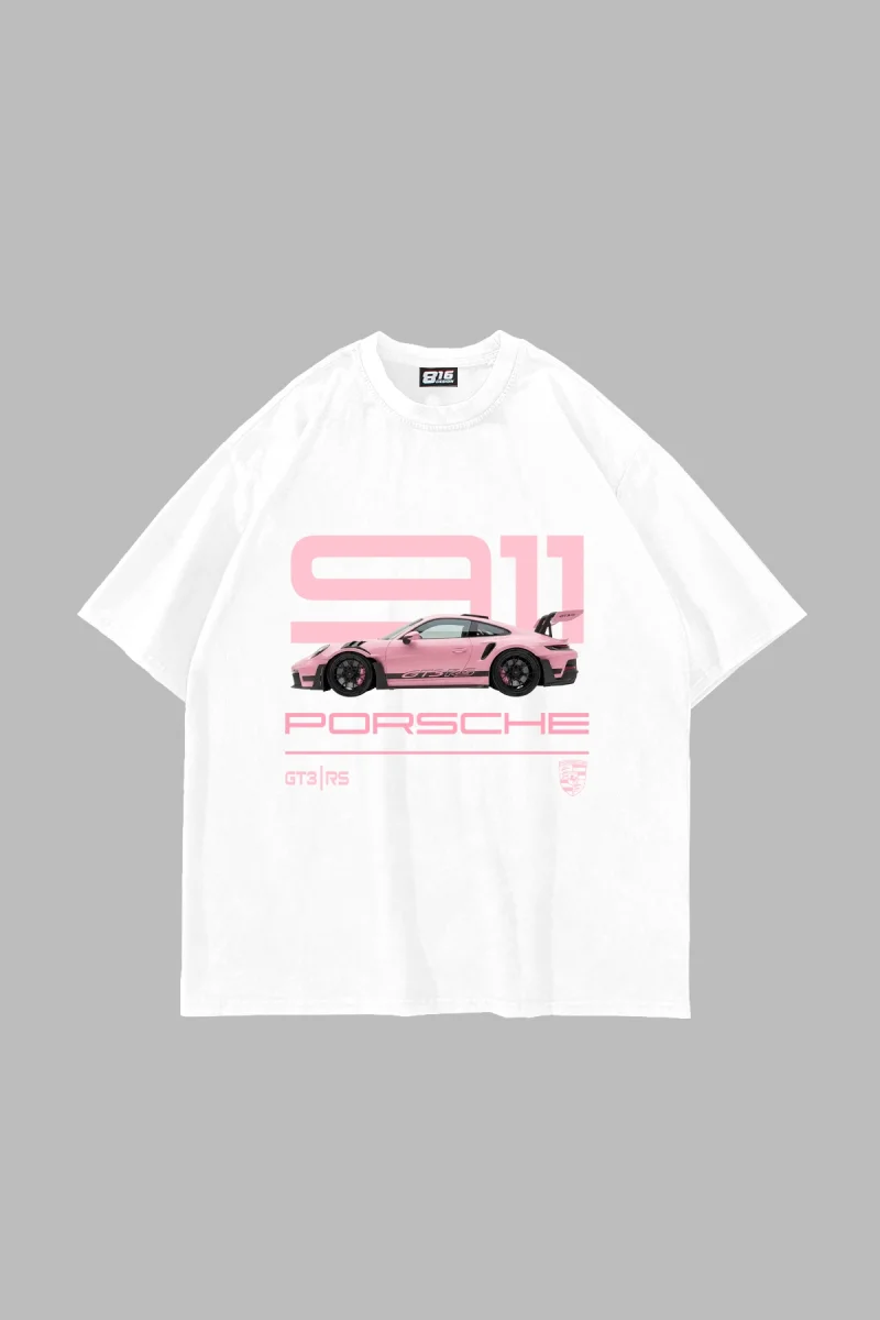 911 Pink Baskılı Oversize Unisex Beyaz Tshirt