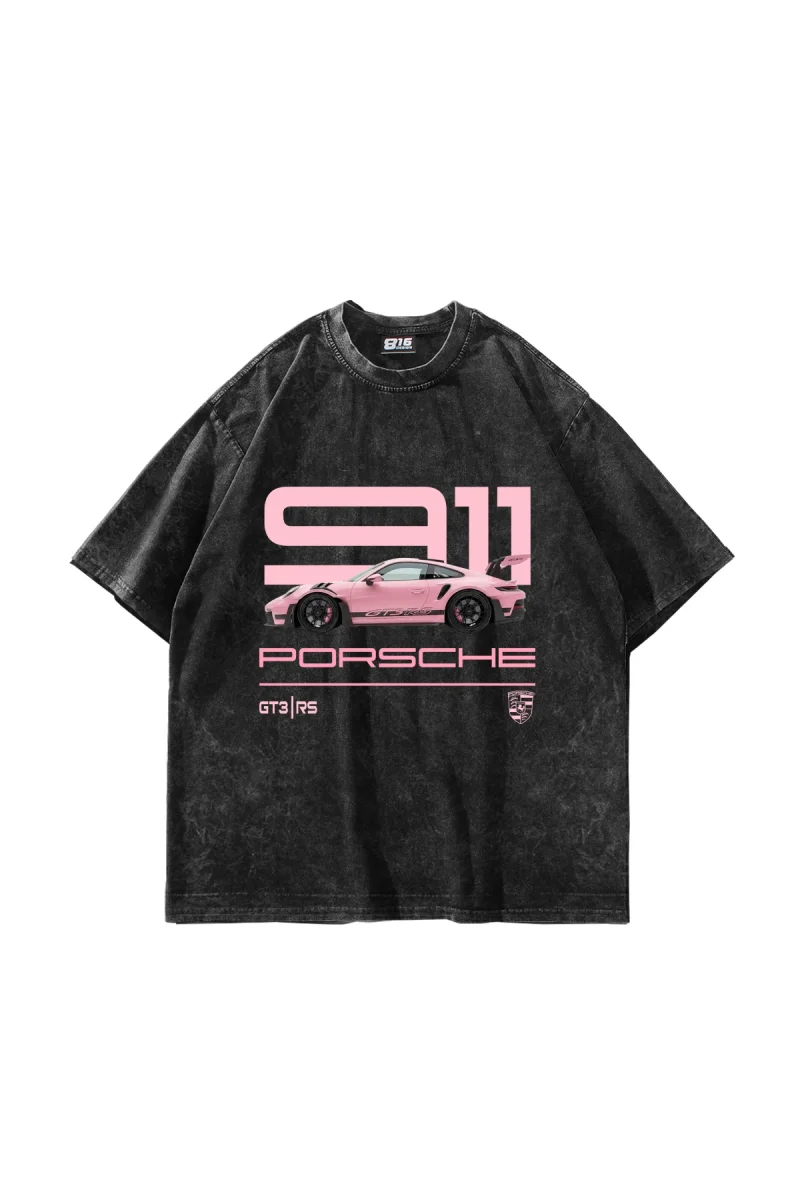 911 Pink Baskılı Oversize Unisex Yıkamalı Siyah Tshirt