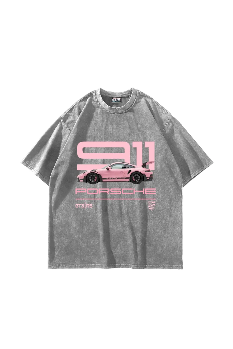 911 Pink Baskılı Oversize Unisex Yıkamalı Beyaz Tshirt