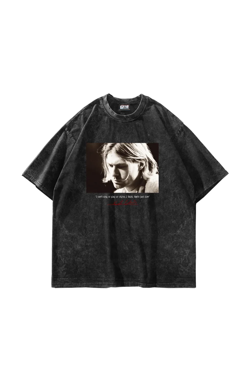 Kurt Cobain Baskılı Oversize Unisex Yıkamalı Siyah Tshirt