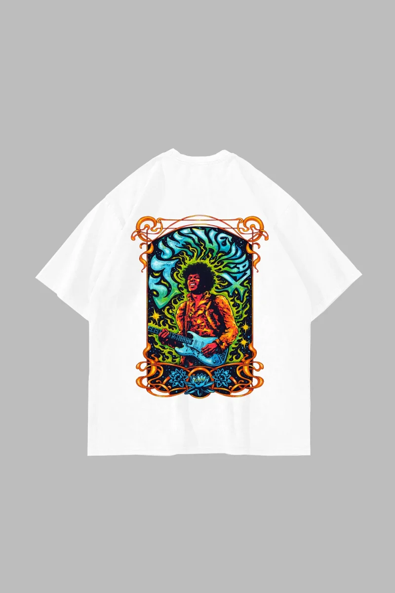 Jimi Hendrix Baskılı Oversize Unisex Beyaz Tshirt