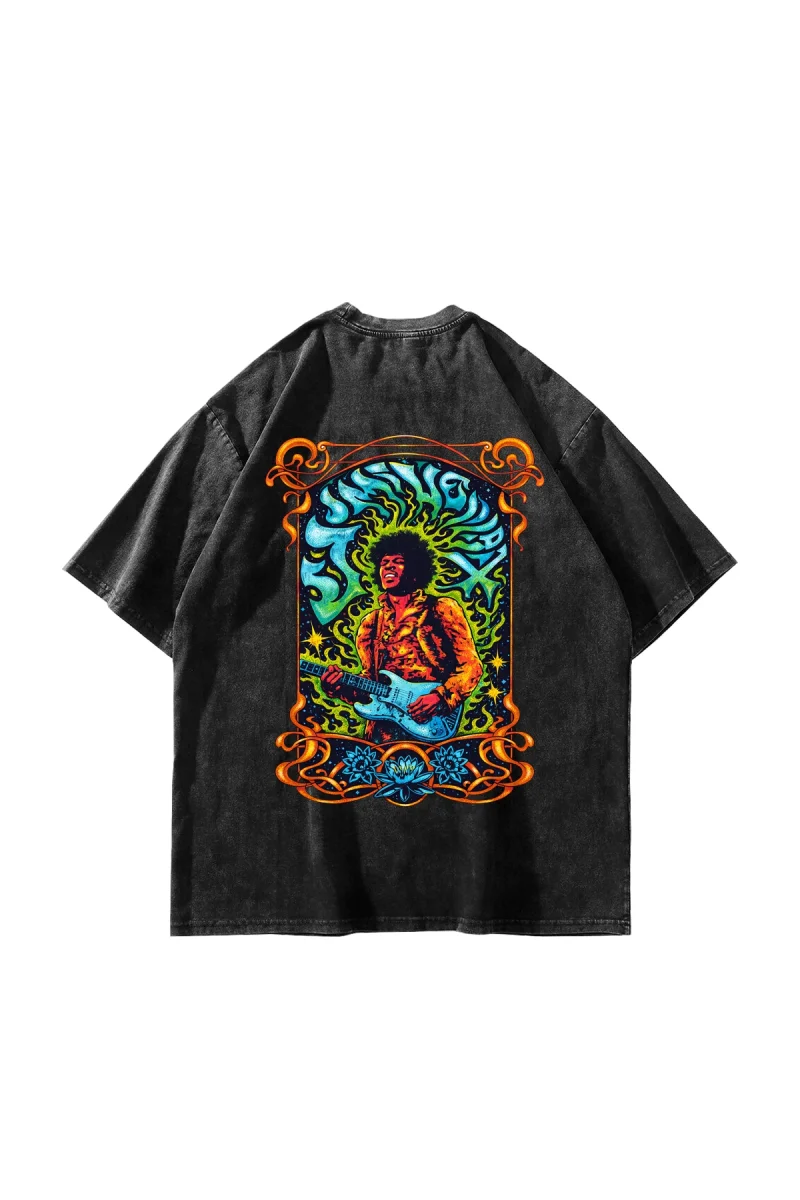 Jimi Hendrix Baskılı Oversize Unisex Yıkamalı Siyah Tshirt