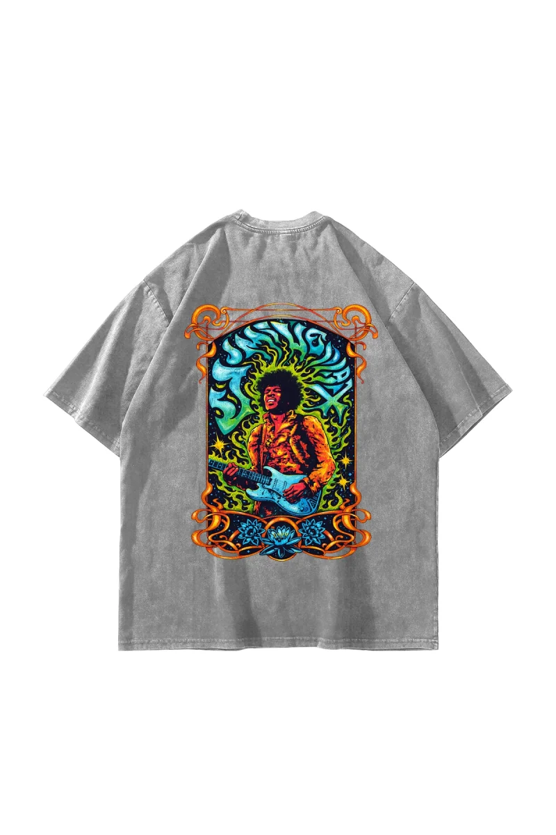 Jimi Hendrix Baskılı Oversize Unisex Yıkamalı Beyaz Tshirt