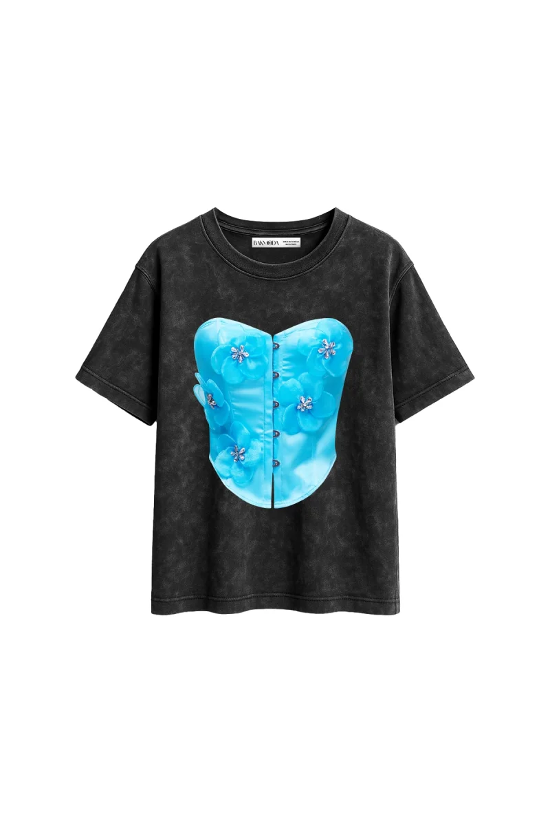 Blue Top Baskılı Relaxed Fit Yıkamalı Siyah Kadın Tshirt