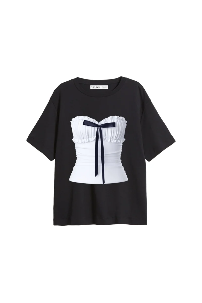 Ribbon Top Baskılı Relaxed Fit Siyah Kadın Tshirt