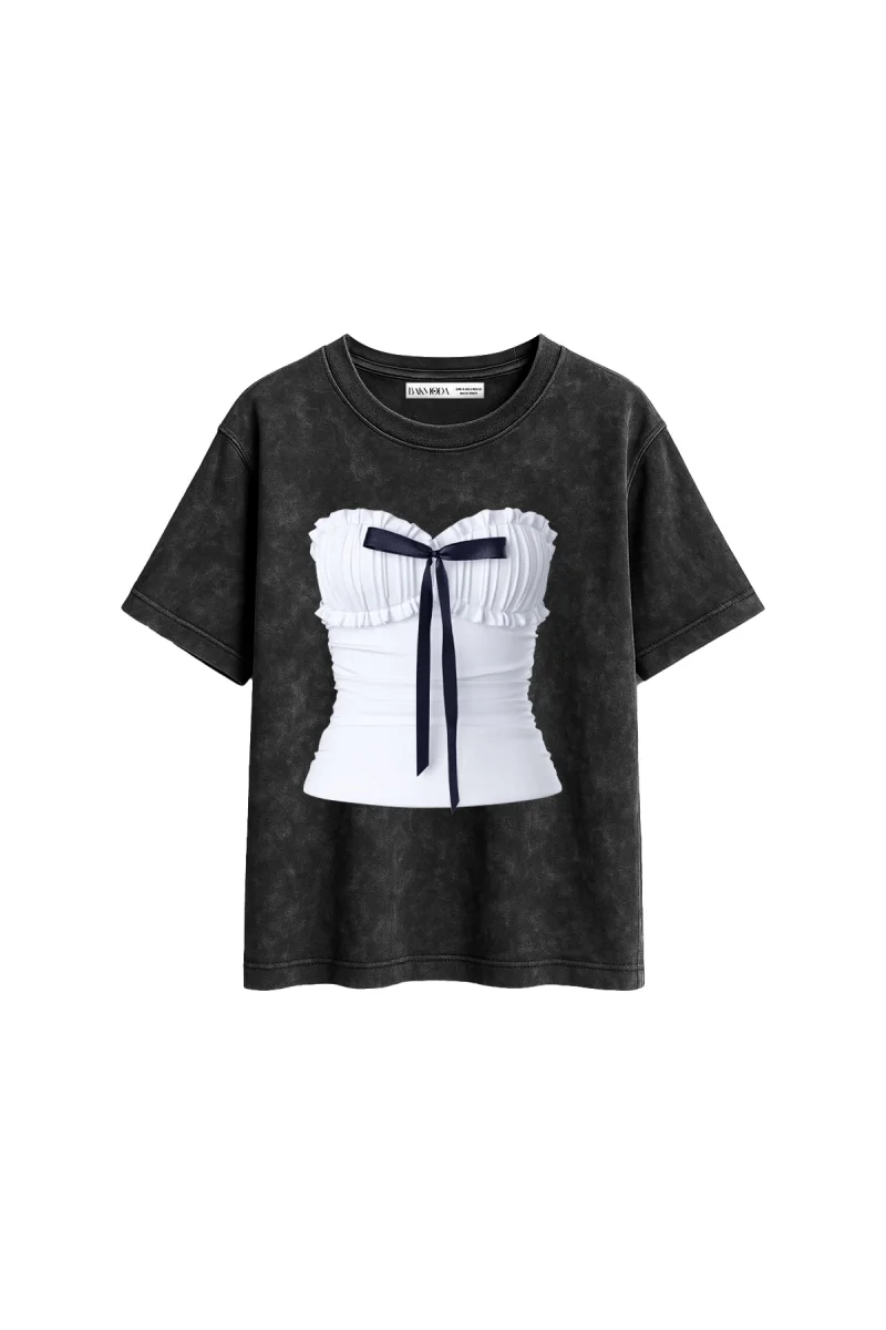 Ribbon Top Baskılı Relaxed Fit Yıkamalı Siyah Kadın Tshirt