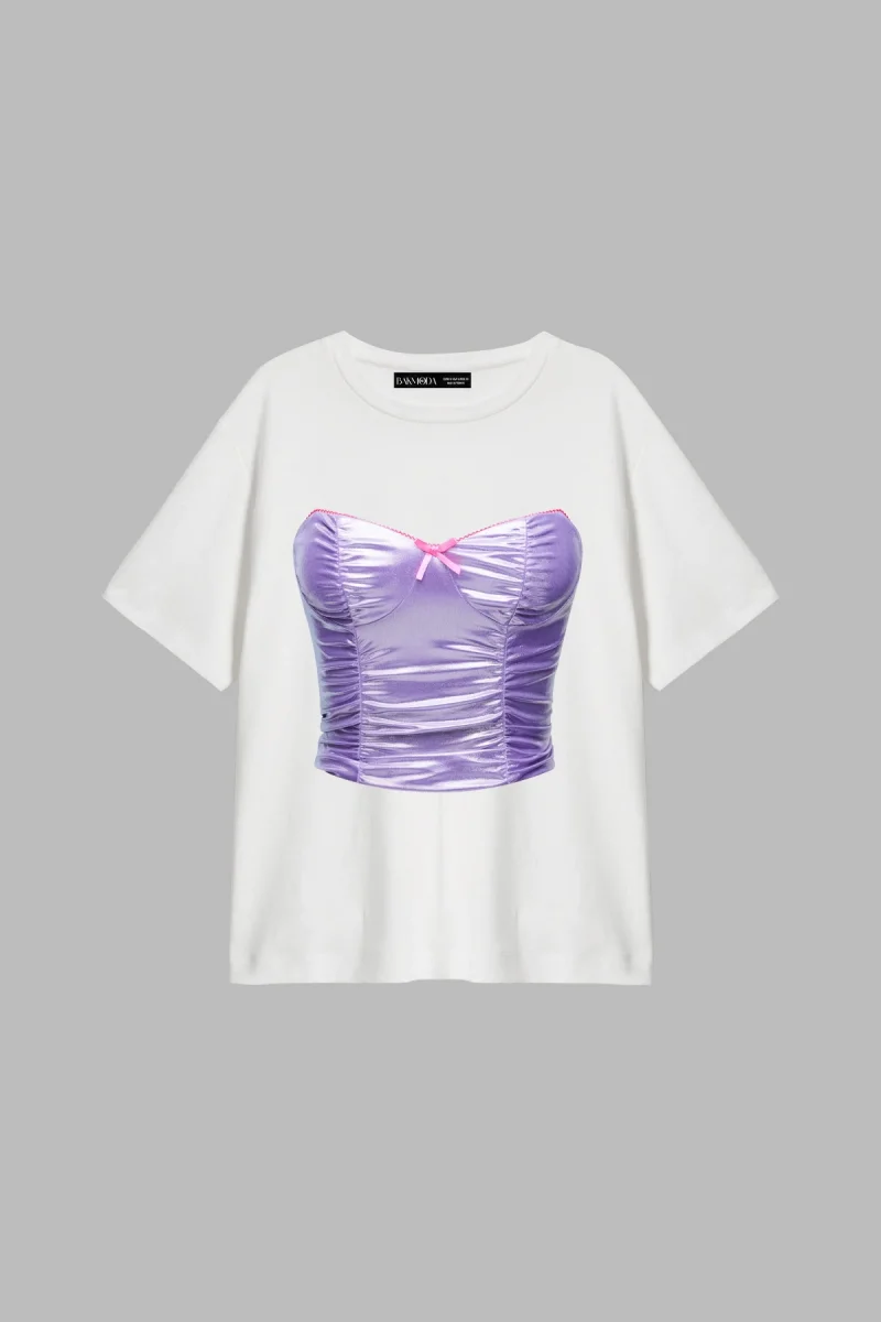 Purple Top Baskılı Relaxed Fit Beyaz Kadın Tshirt