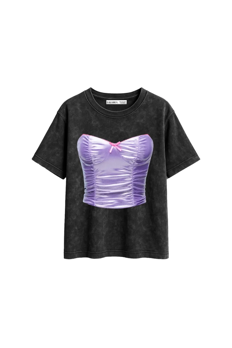 Purple Top Baskılı Relaxed Fit Yıkamalı Siyah Kadın Tshirt