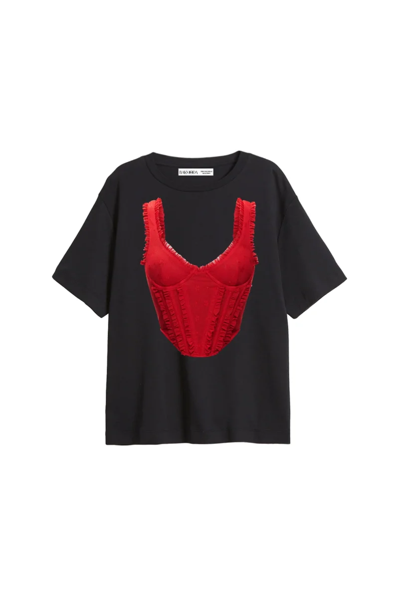 Pleated Red Corset Baskılı Relaxed Fit Siyah Kadın Tshirt