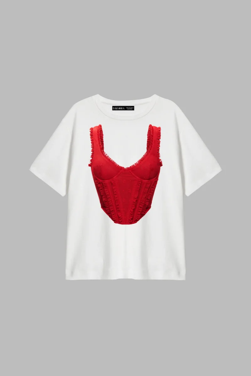 Pleated Red Corset Baskılı Relaxed Fit Beyaz Kadın Tshirt